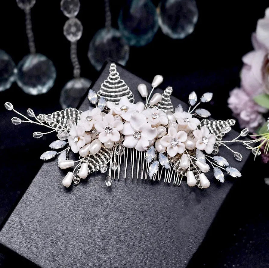Wedding Hair Accessories - Ceramic Flowers Silver Bridal Hair Comb
