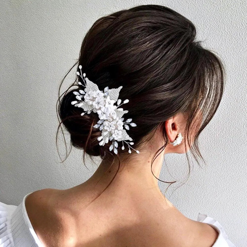 Wedding Hair Accessories - Ceramic Flowers Silver Bridal Hair Comb