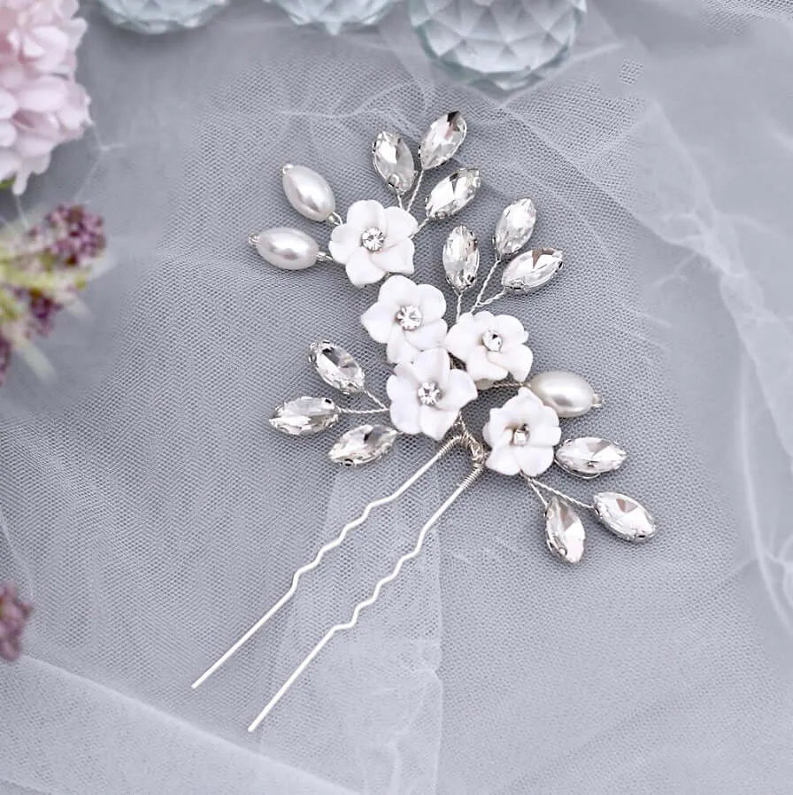 Wedding Hair Accessories - Ceramic Flowers and Pearls Bridal Hair Pin