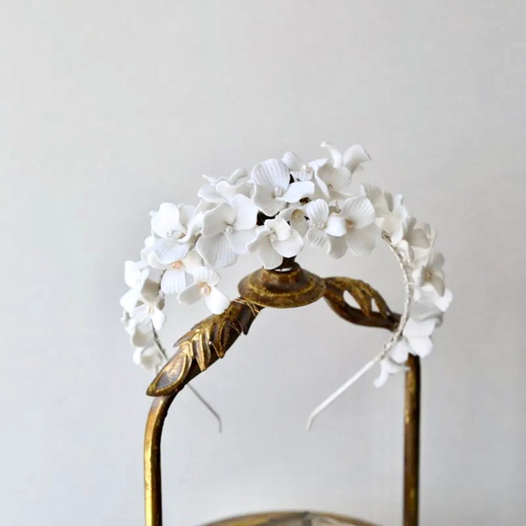 Wedding Hair Accessories - Ceramic Flowers and Pearls Bridal Headband - available in Silver and Gold