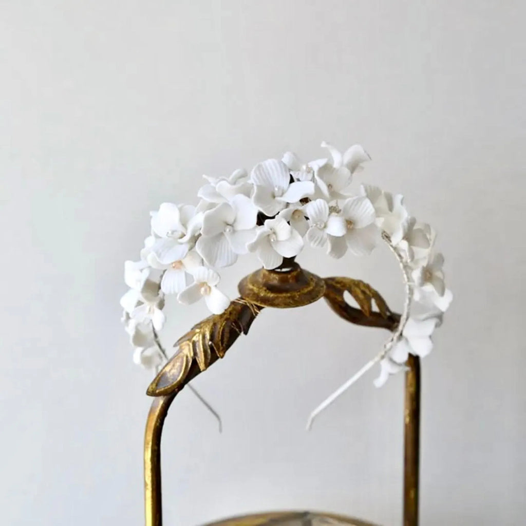 Wedding Hair Accessories - Ceramic Flowers and Pearls Bridal Headband - available in Silver and Gold