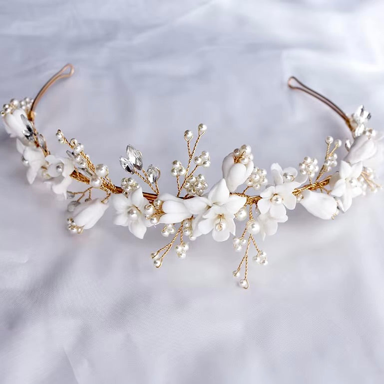 Wedding Hair Accessories - Ceramic Flowers and Pearls Bridal Headband - available in Silver and Gold