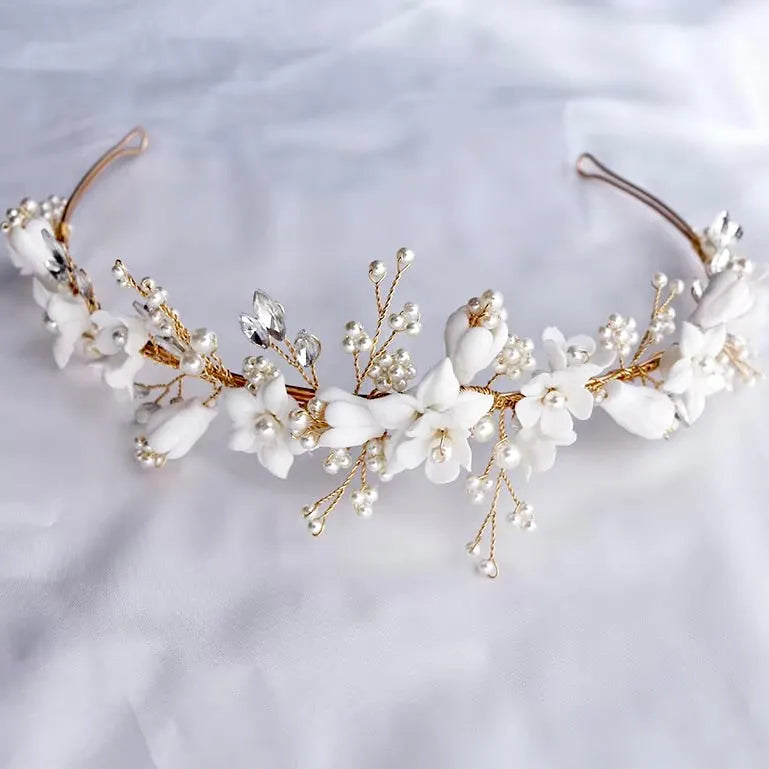 Wedding Hair Accessories - Ceramic Flowers and Pearls Bridal Headband - available in Silver and Gold