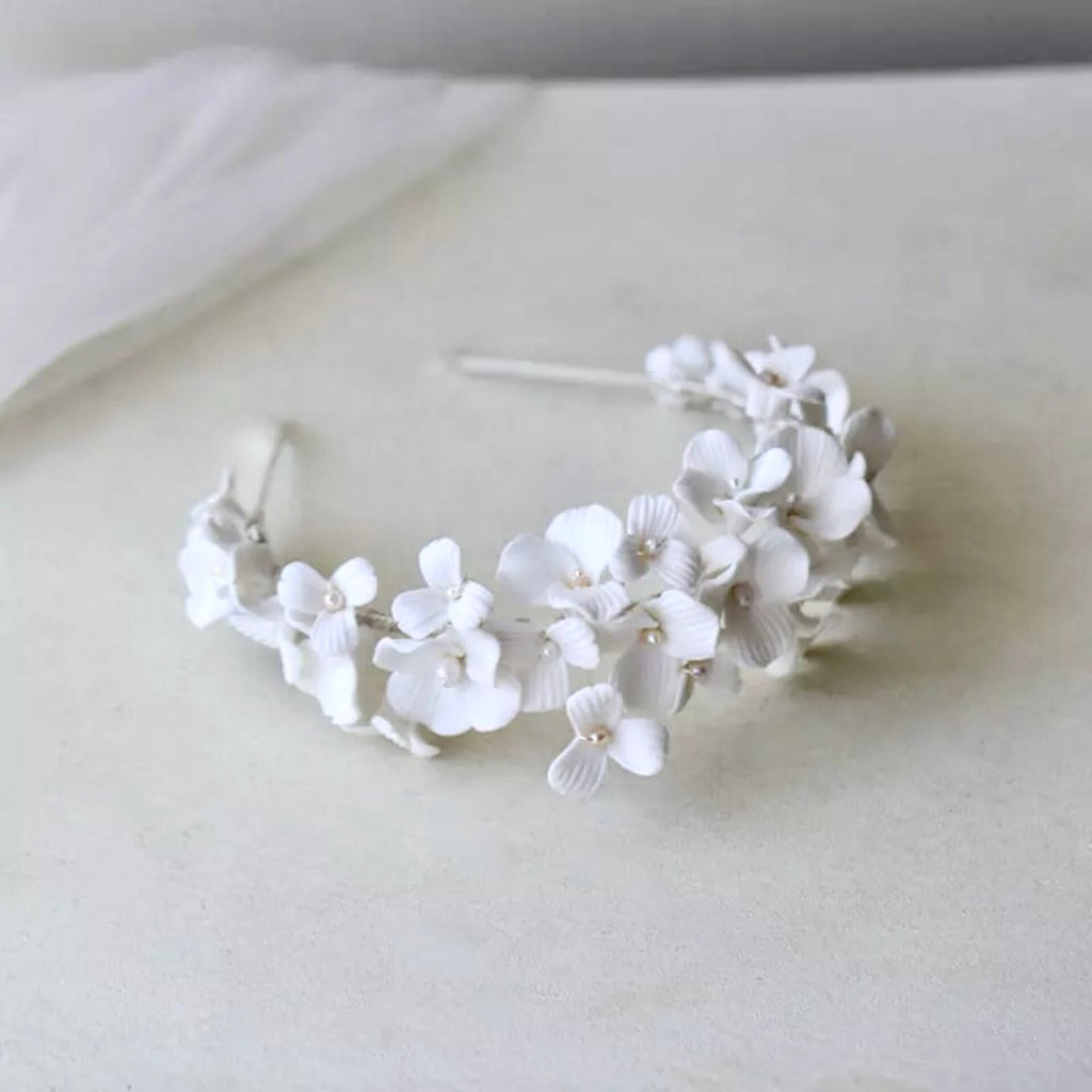 Wedding Hair Accessories - Ceramic Flowers and Pearls Bridal Headband - available in Silver and Gold