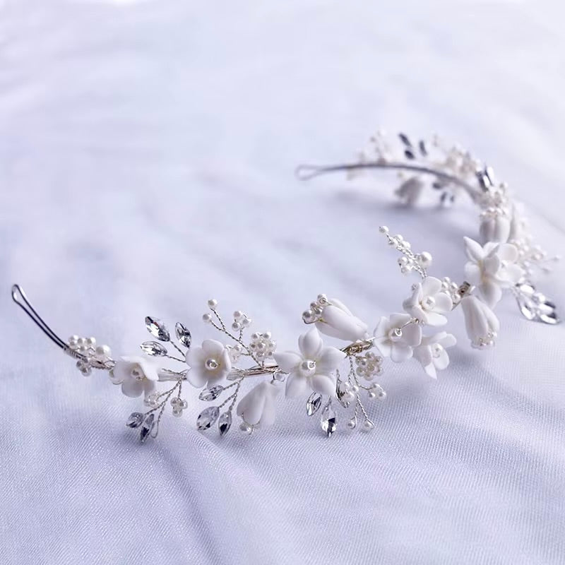 Wedding Hair Accessories - Ceramic Flowers and Pearls Bridal Headband - available in Silver and Gold