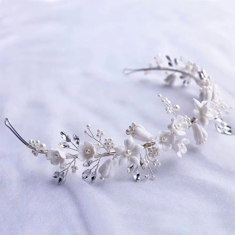 Wedding Hair Accessories - Ceramic Flowers and Pearls Bridal Headband - available in Silver and Gold