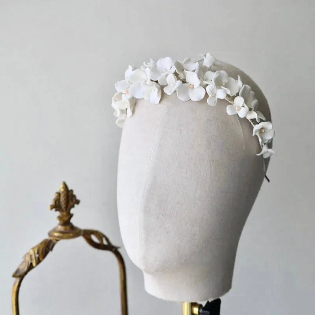 Wedding Hair Accessories - Ceramic Flowers and Pearls Bridal Headband - available in Silver and Gold