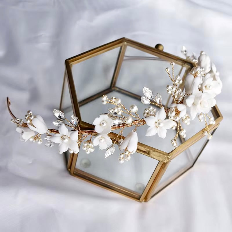 Wedding Hair Accessories - Ceramic Flowers and Pearls Bridal Headband - available in Silver and Gold