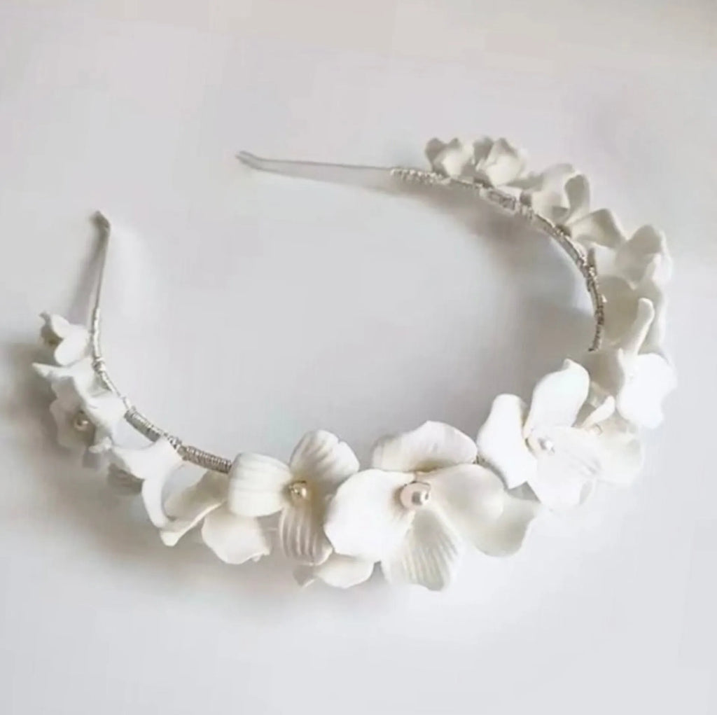 Wedding Hair Accessories - Ceramic Flowers and Pearls Bridal Headband - available in Silver and Gold