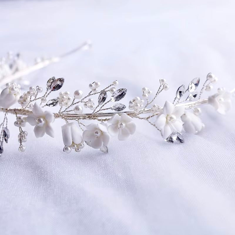 Wedding Hair Accessories - Ceramic Flowers and Pearls Bridal Headband - available in Silver and Gold