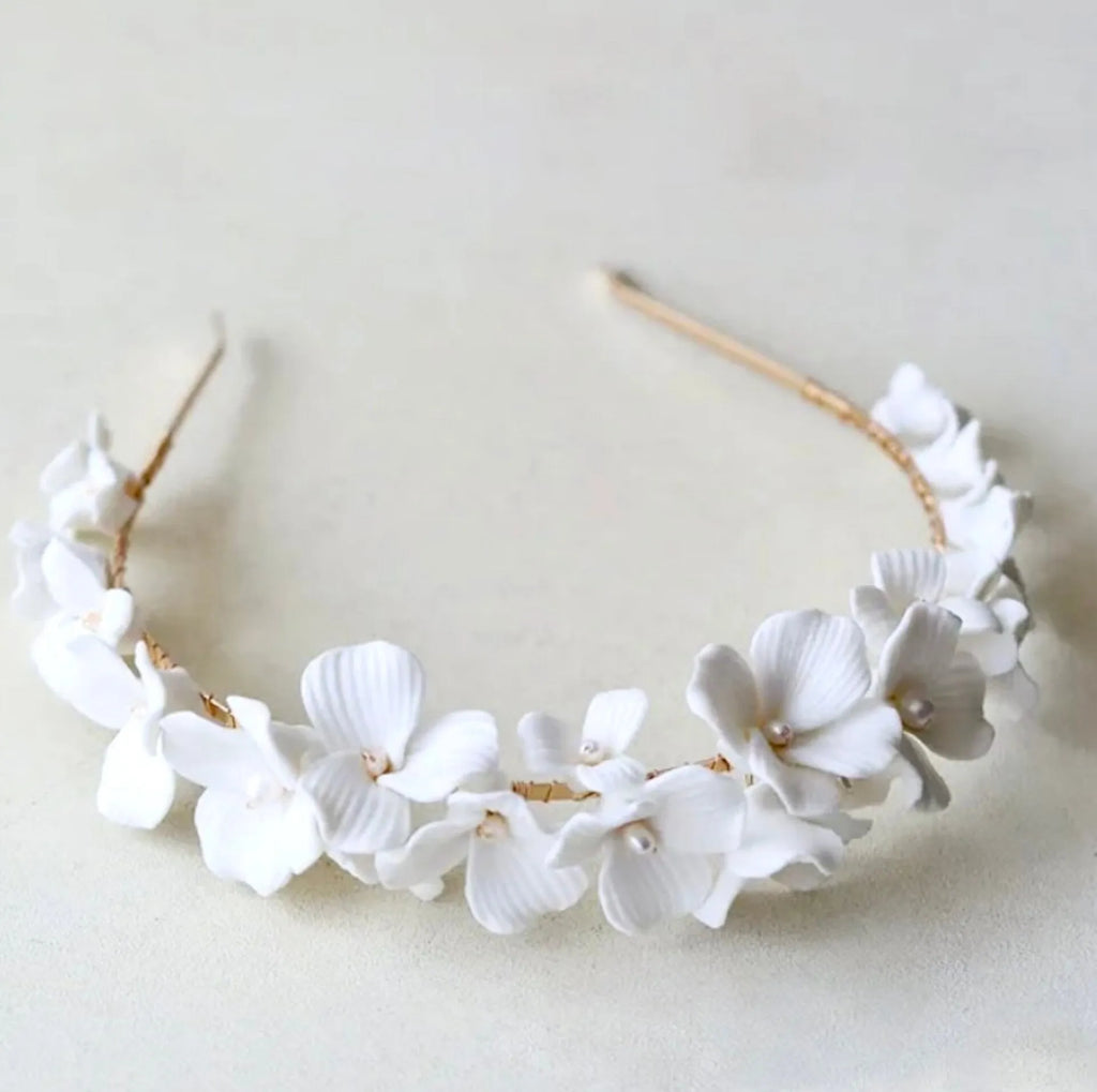 Wedding Hair Accessories - Ceramic Flowers and Pearls Bridal Headband - available in Silver and Gold