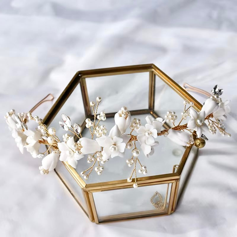Wedding Hair Accessories - Ceramic Flowers and Pearls Bridal Headband - available in Silver and Gold