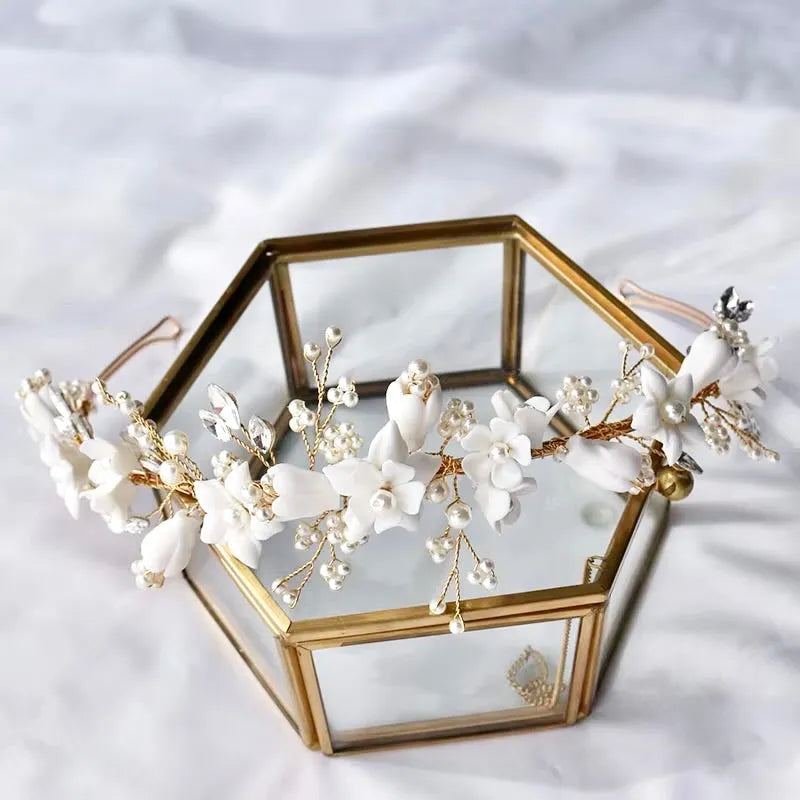 Wedding Hair Accessories - Ceramic Flowers and Pearls Bridal Headband - available in Silver and Gold