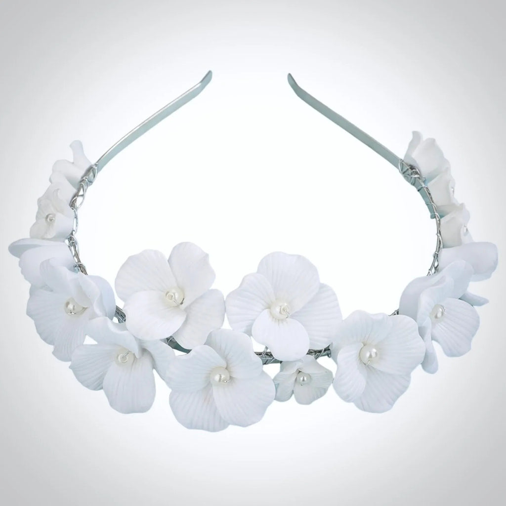 Wedding Hair Accessories - Ceramic Flowers and Pearls Bridal Headband - available in Silver and Gold