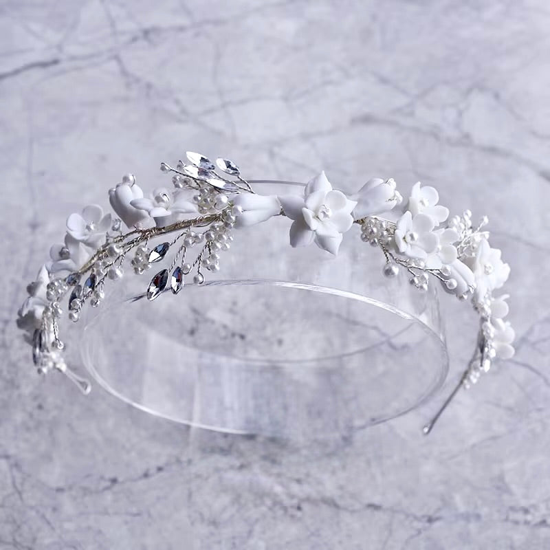 Wedding Hair Accessories - Ceramic Flowers and Pearls Bridal Headband - available in Silver and Gold