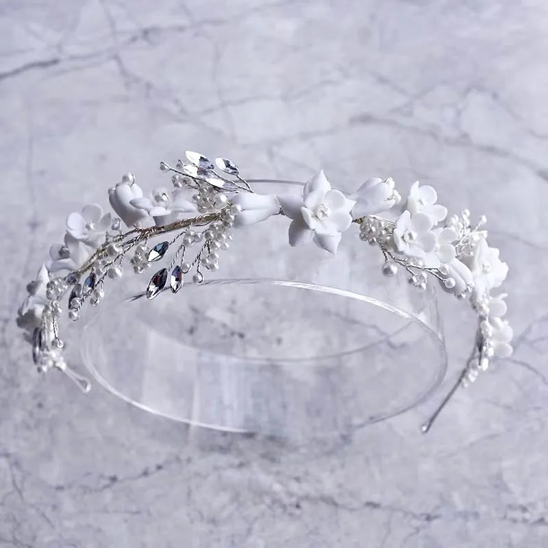 Wedding Hair Accessories - Ceramic Flowers and Pearls Bridal Headband - available in Silver and Gold