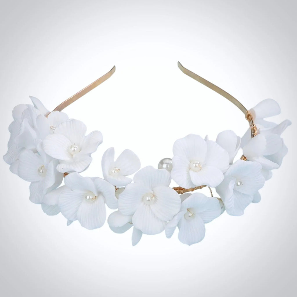 Wedding Hair Accessories - Ceramic Flowers and Pearls Bridal Headband - available in Silver and Gold