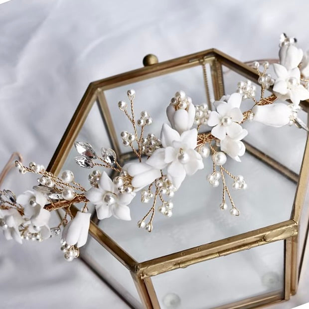Wedding Hair Accessories - Ceramic Flowers and Pearls Bridal Headband - available in Silver and Gold
