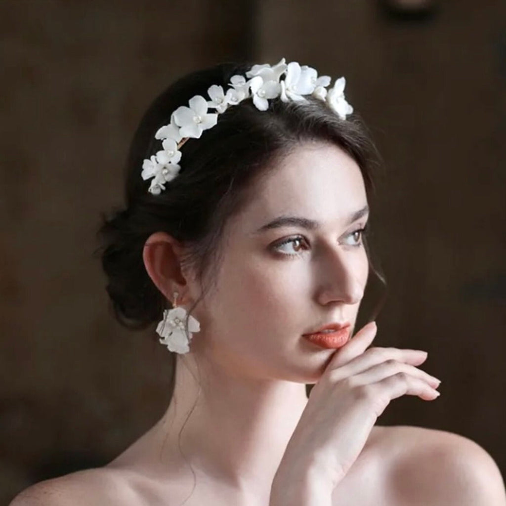 Wedding Hair Accessories - Ceramic Flowers and Pearls Bridal Headband - available in Silver and Gold