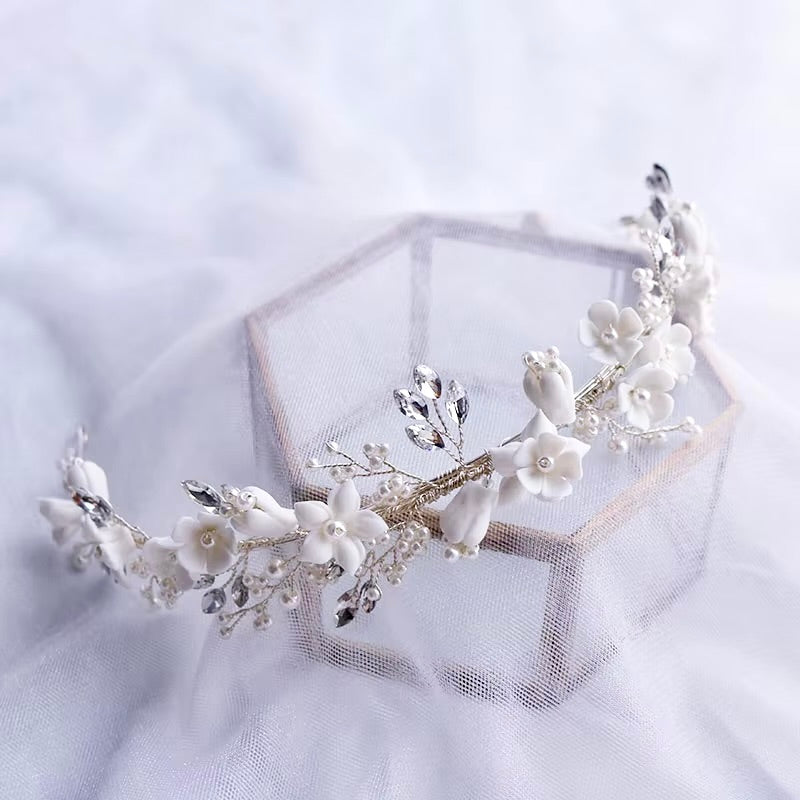 Wedding Hair Accessories - Ceramic Flowers and Pearls Bridal Headband - available in Silver and Gold