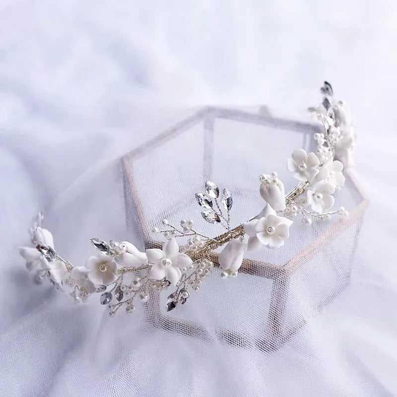 Wedding Hair Accessories - Ceramic Flowers and Pearls Bridal Headband - available in Silver and Gold