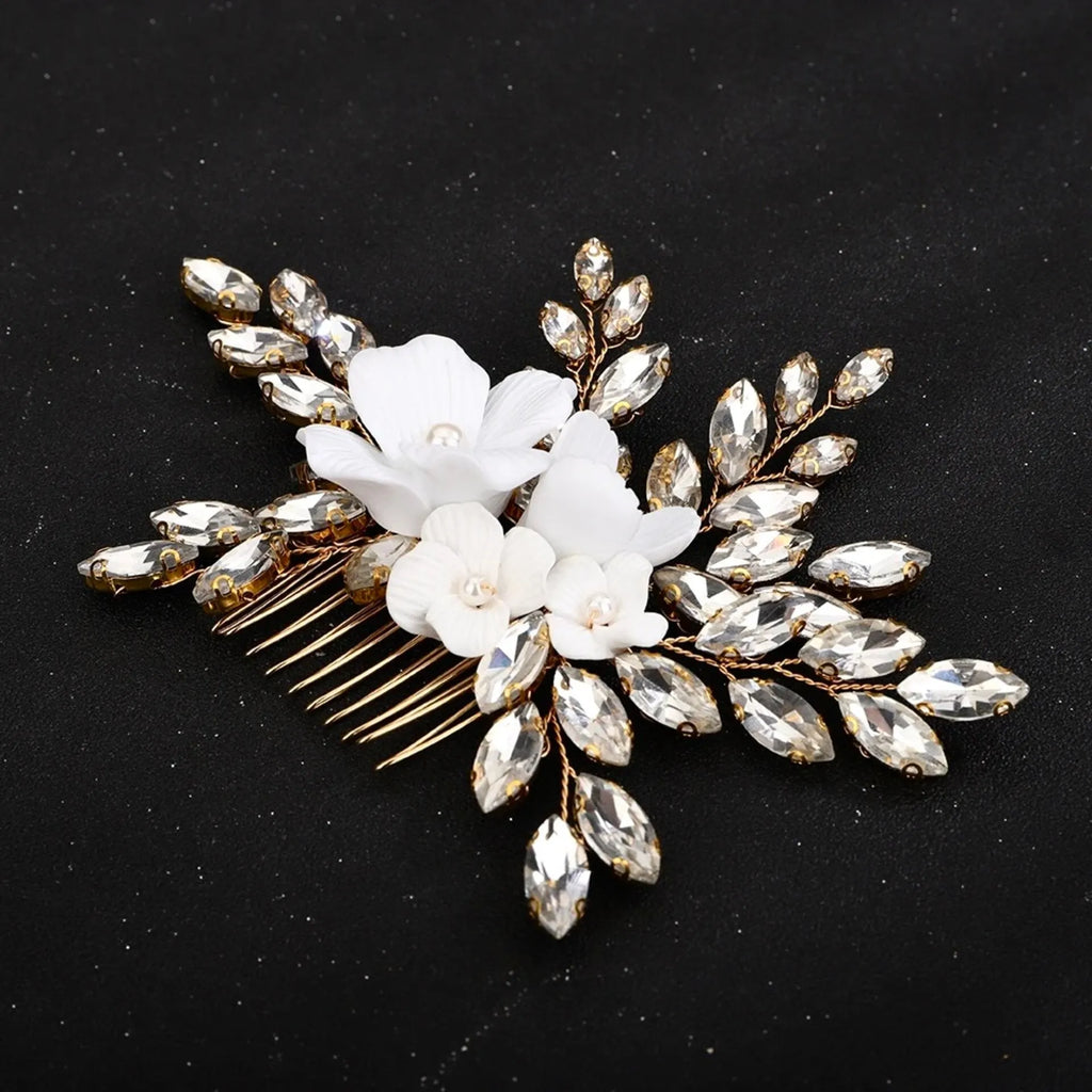 Wedding Hair Accessories - Ceramic Flowers Bridal Hair Comb - Available in Silver, Rose Gold and Yellow Gold