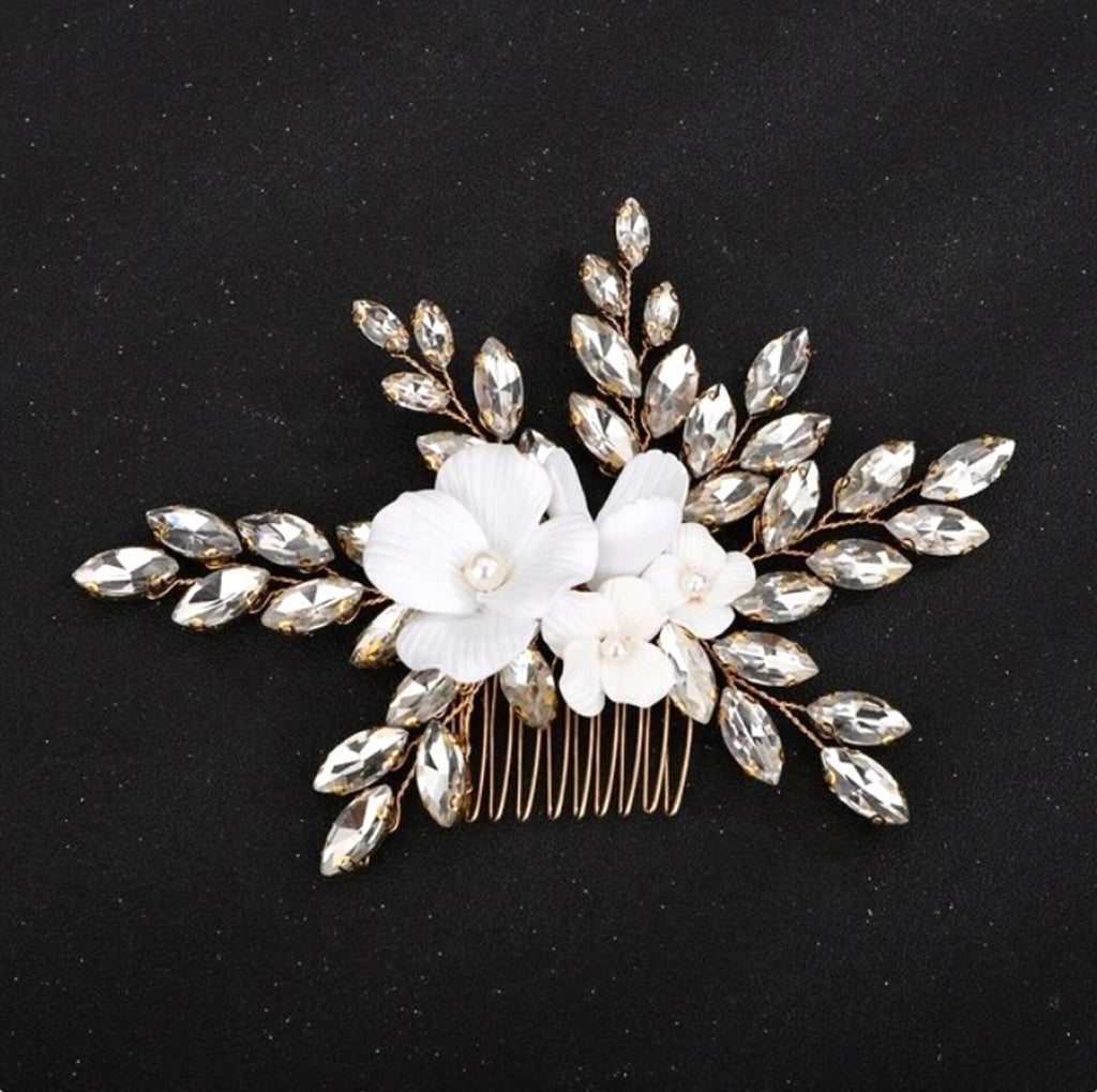 Wedding Hair Accessories - Ceramic Flowers Bridal Hair Comb - Available in Silver, Rose Gold and Yellow Gold