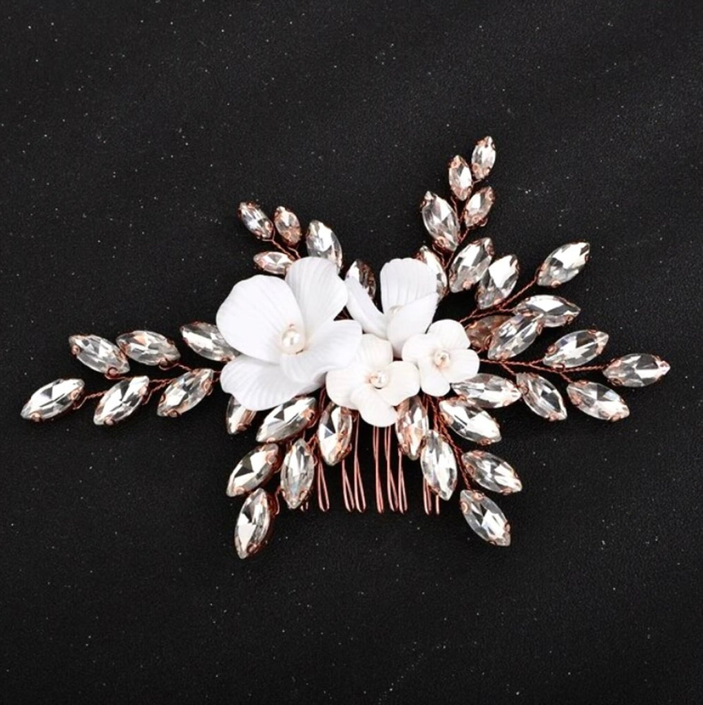 Wedding Hair Accessories - Ceramic Flowers Bridal Hair Comb - Available in Silver, Rose Gold and Yellow Gold