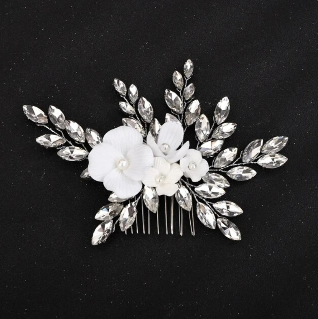Wedding Hair Accessories - Ceramic Flowers Bridal Hair Comb - Available in Silver, Rose Gold and Yellow Gold