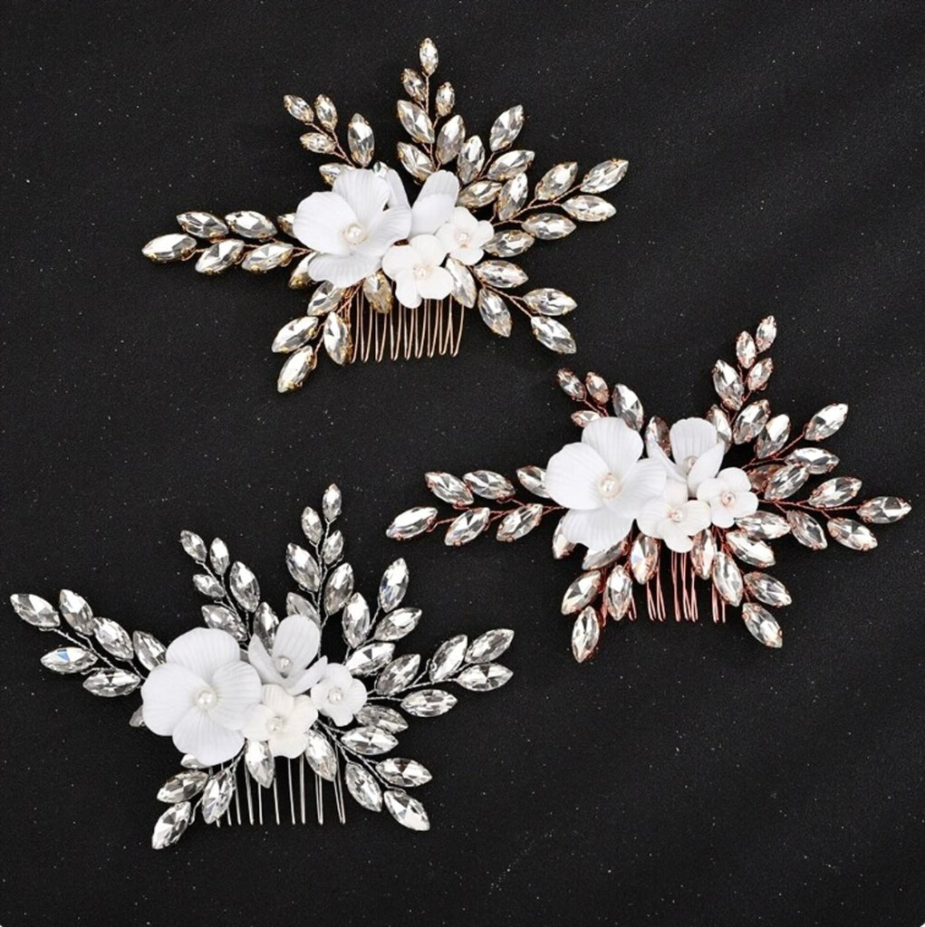 Wedding Hair Accessories - Ceramic Flowers Bridal Hair Comb - Available in Silver, Rose Gold and Yellow Gold