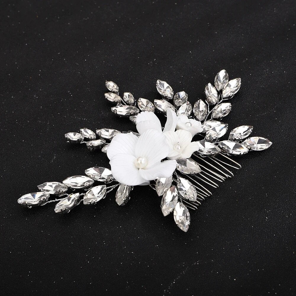 Wedding Hair Accessories - Ceramic Flowers Bridal Hair Comb - Available in Silver, Rose Gold and Yellow Gold