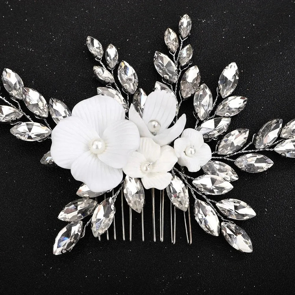 Wedding Hair Accessories - Ceramic Flowers Bridal Hair Comb - Available in Silver, Rose Gold and Yellow Gold