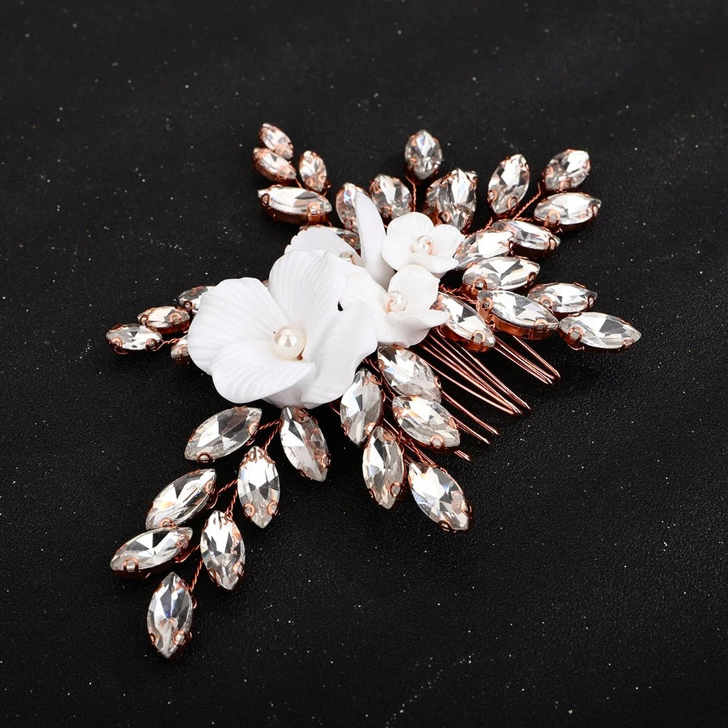 Wedding Hair Accessories - Ceramic Flowers Bridal Hair Comb - Available in Silver, Rose Gold and Yellow Gold