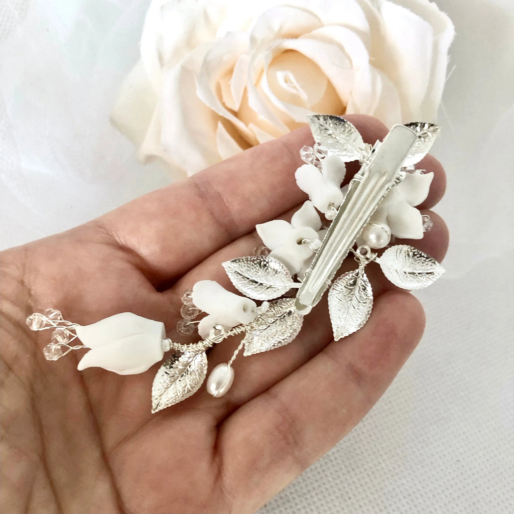 Wedding Hair Accessories - Ceramic Flowers Bridal Hair Clip - Available in Gold and Silver Finishes
