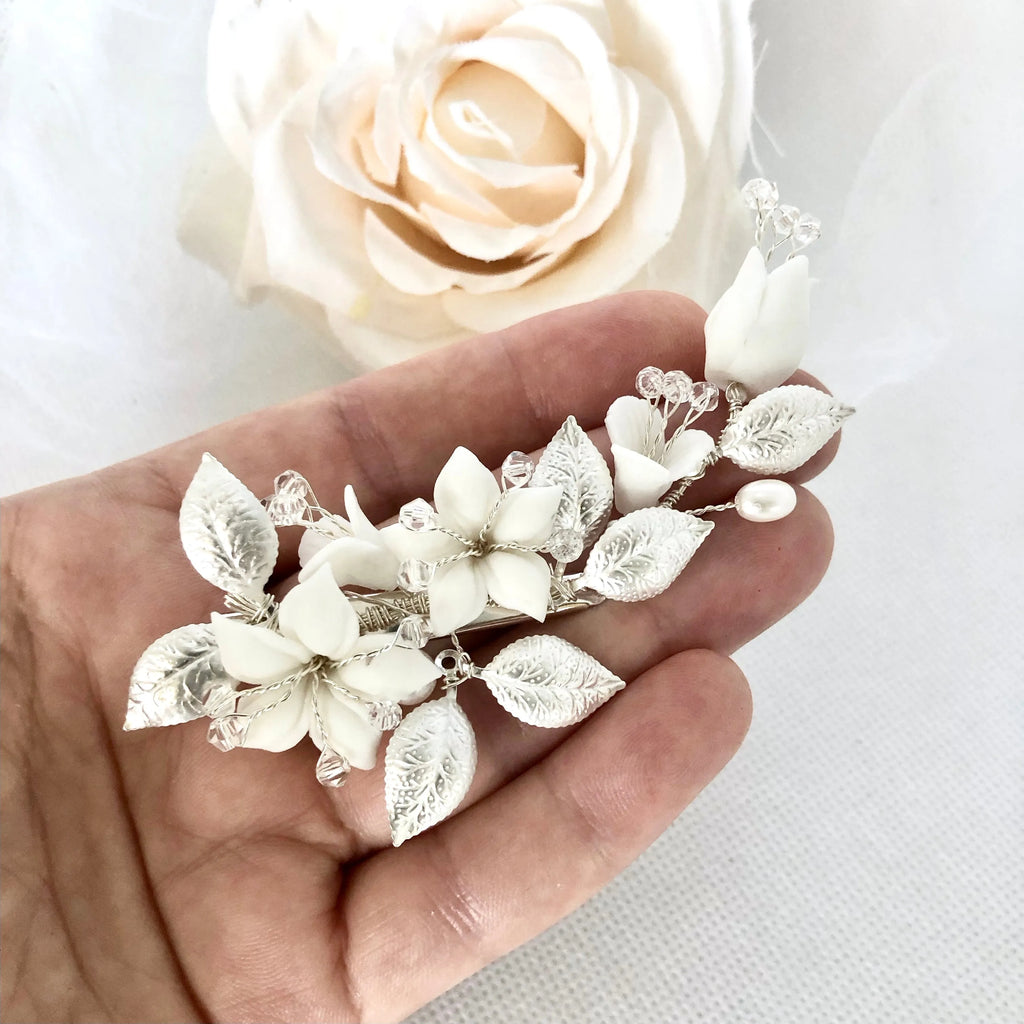 Wedding Hair Accessories - Ceramic Flowers Bridal Hair Clip - Available in Gold and Silver Finishes