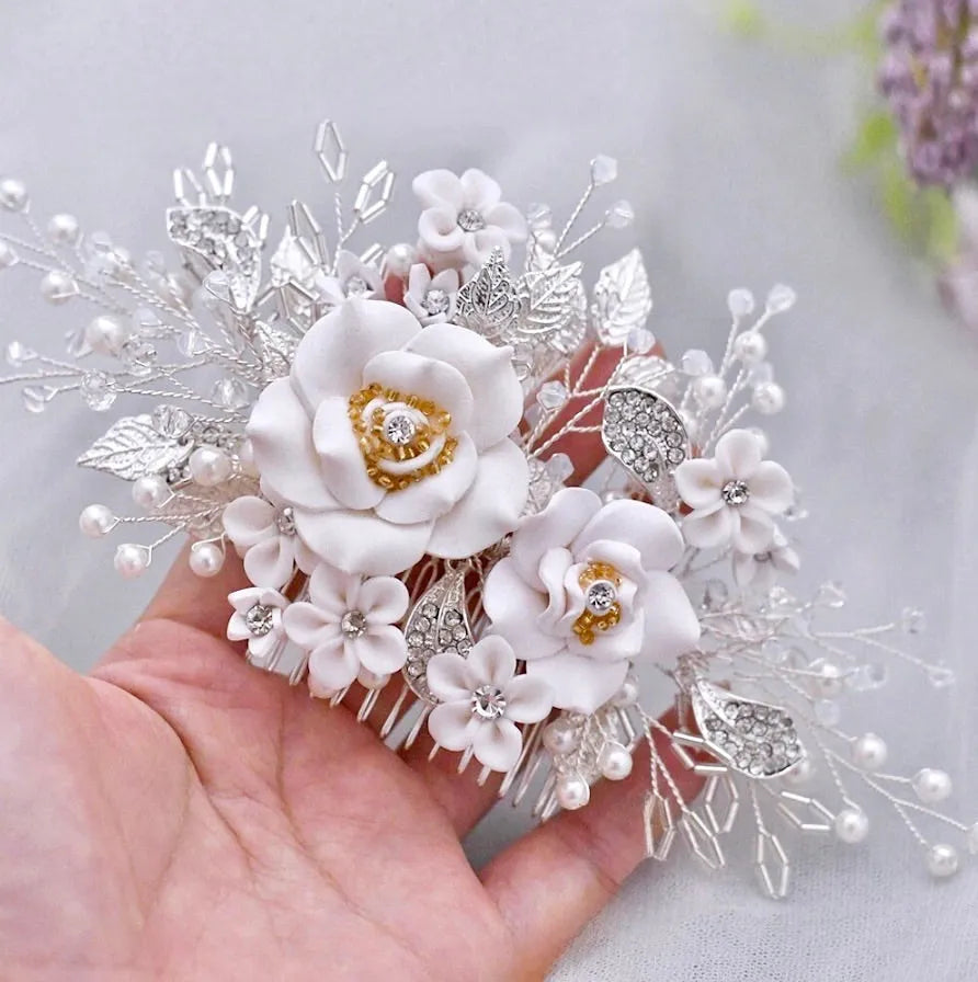 Wedding Hair Accessories - Ceramic Flower Bridal Hair Comb