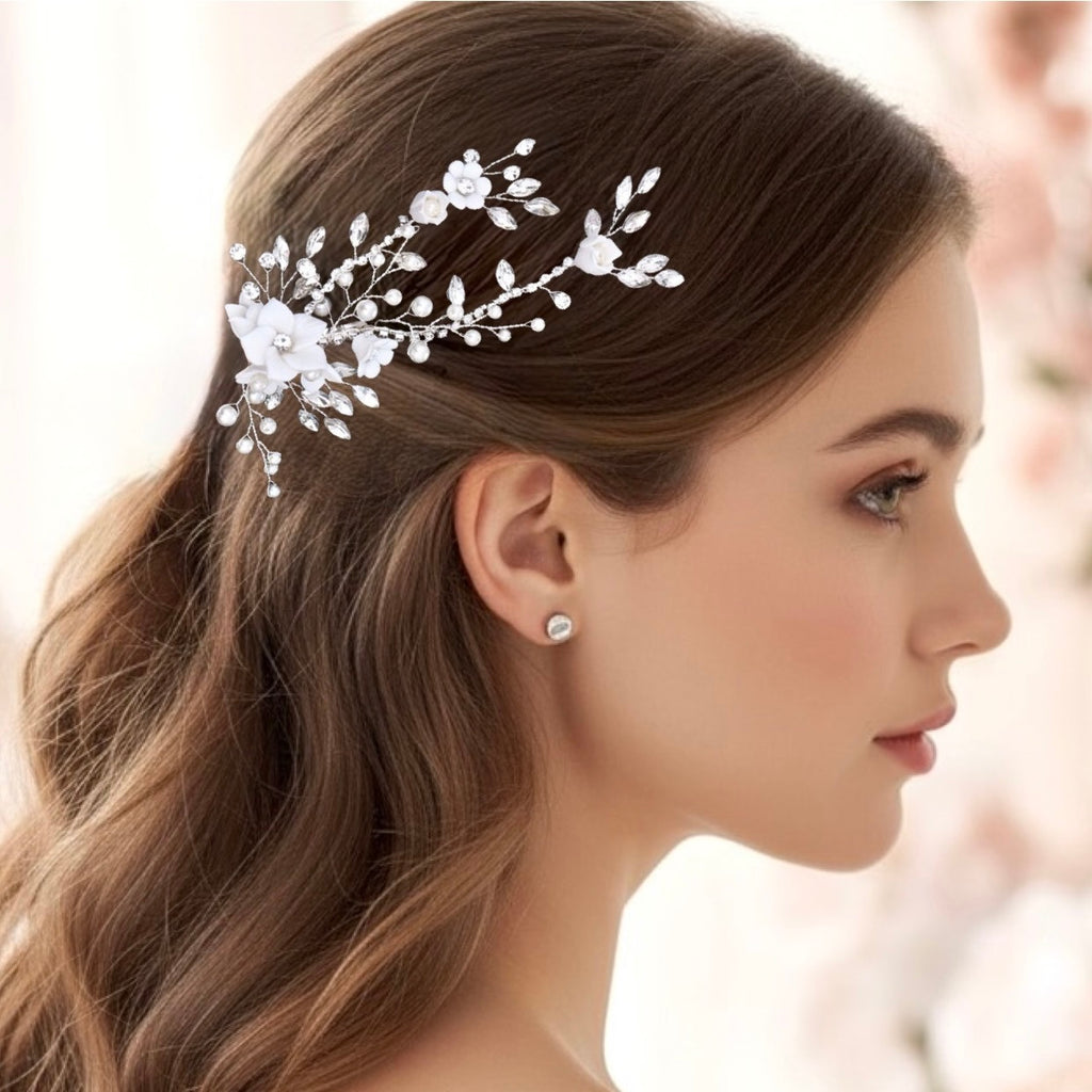 Silver Bridal Hair Vine - Ceramic Flowers, Pearls & Crystals