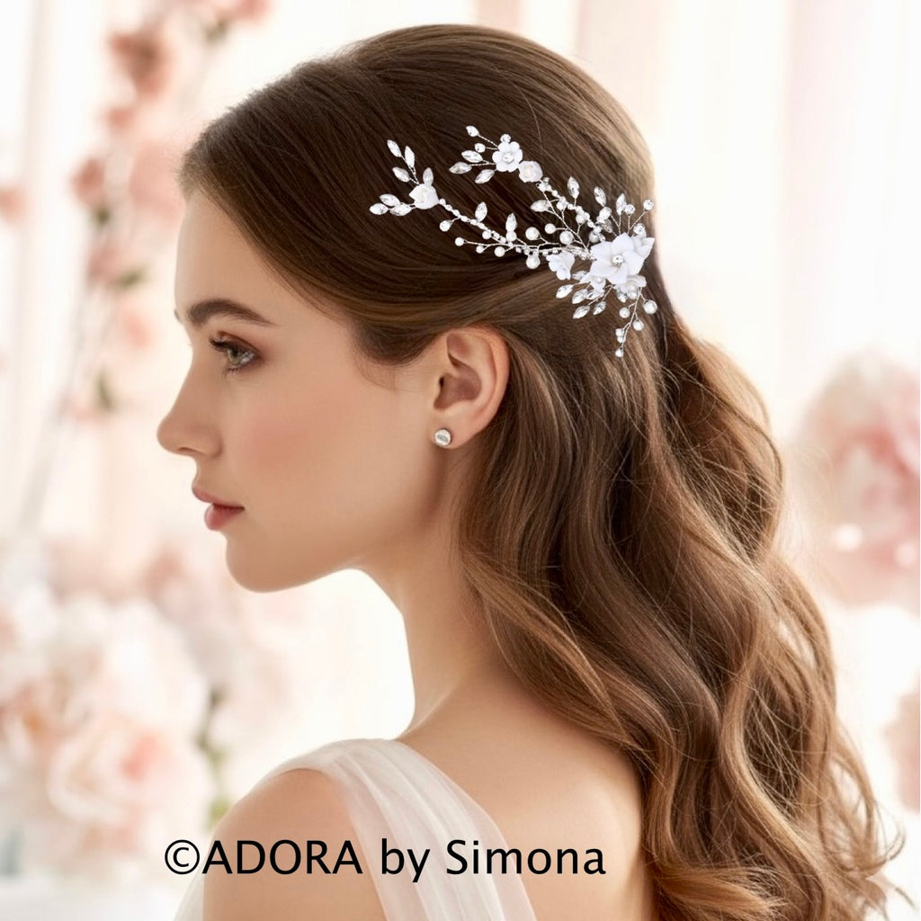 Silver Bridal Hair Vine - Ceramic Flowers, Pearls & Crystals