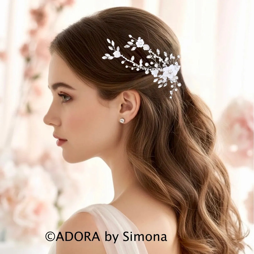 Silver Bridal Hair Vine - Ceramic Flowers, Pearls & Crystals