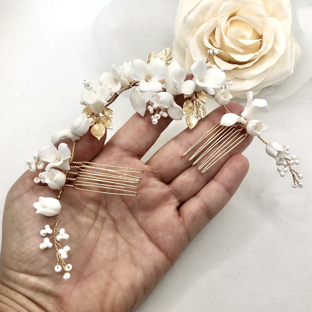 Wedding Hair Accessories - Ceramic Flowers Bridal Double Hair Comb - Available in Gold and Silver