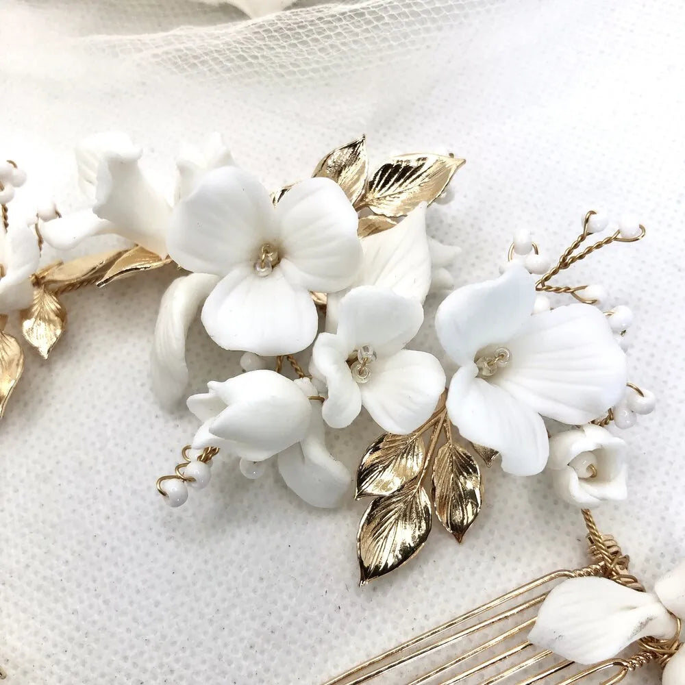 Wedding Hair Accessories - Ceramic Flowers Bridal Double Hair Comb - Available in Gold and Silver