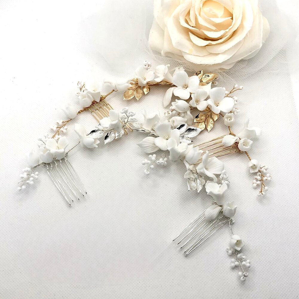 Wedding Hair Accessories - Ceramic Flowers Bridal Double Hair Comb - Available in Gold and Silver