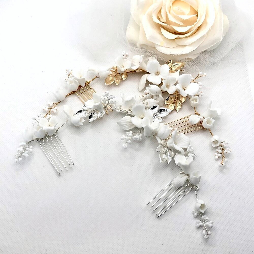 Wedding Hair Accessories - Ceramic Flowers Bridal Double Hair Comb - Available in Gold and Silver