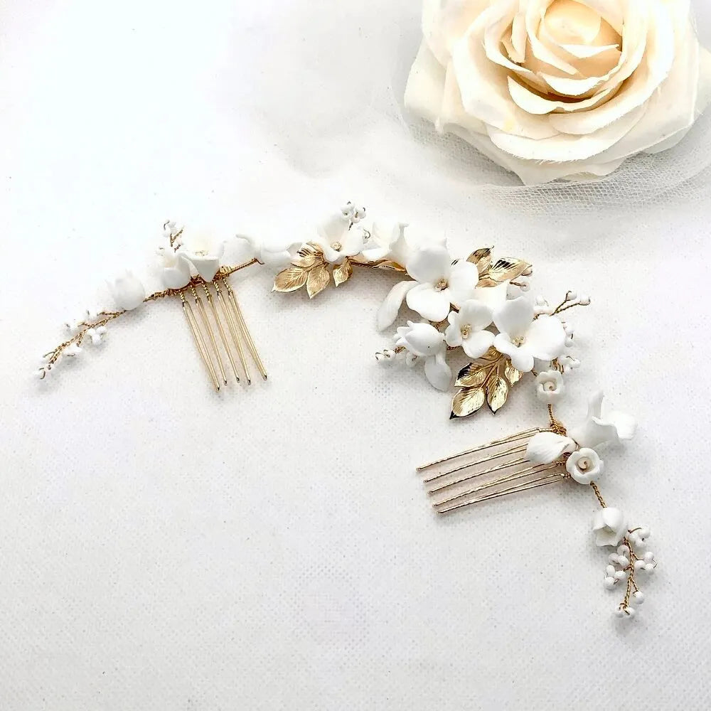 Wedding Hair Accessories - Ceramic Flowers Bridal Double Hair Comb - Available in Gold and Silver