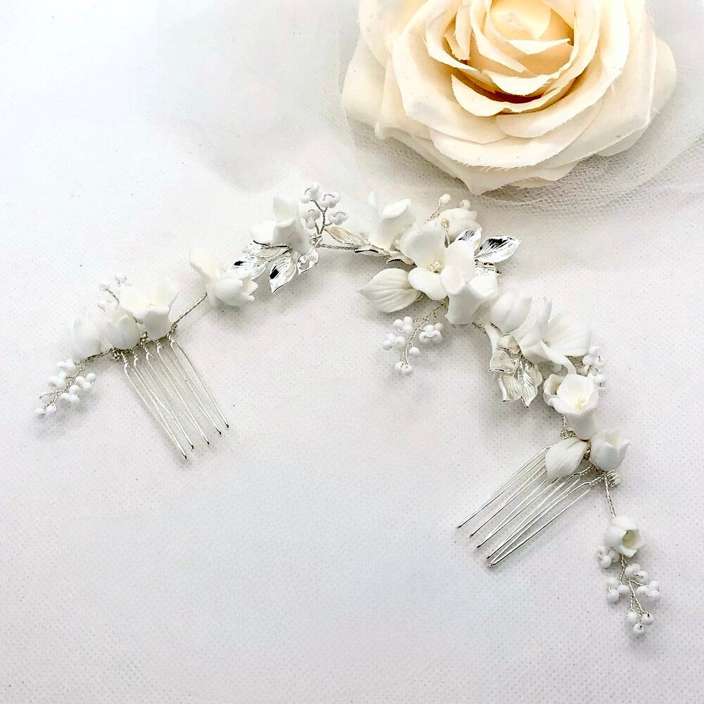 Wedding Hair Accessories - Ceramic Flowers Bridal Double Hair Comb - Available in Gold and Silver