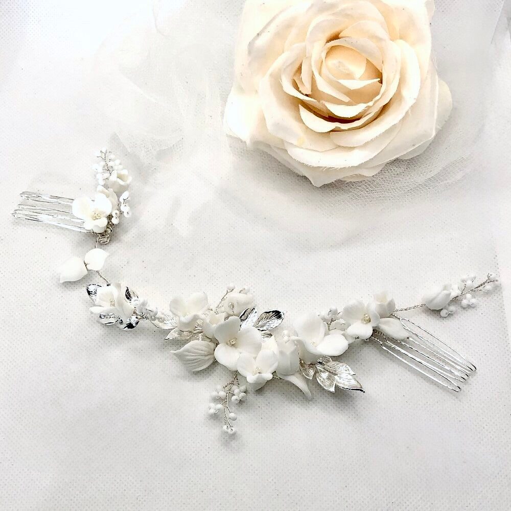 Wedding Hair Accessories - Ceramic Flowers Bridal Double Hair Comb - Available in Gold and Silver