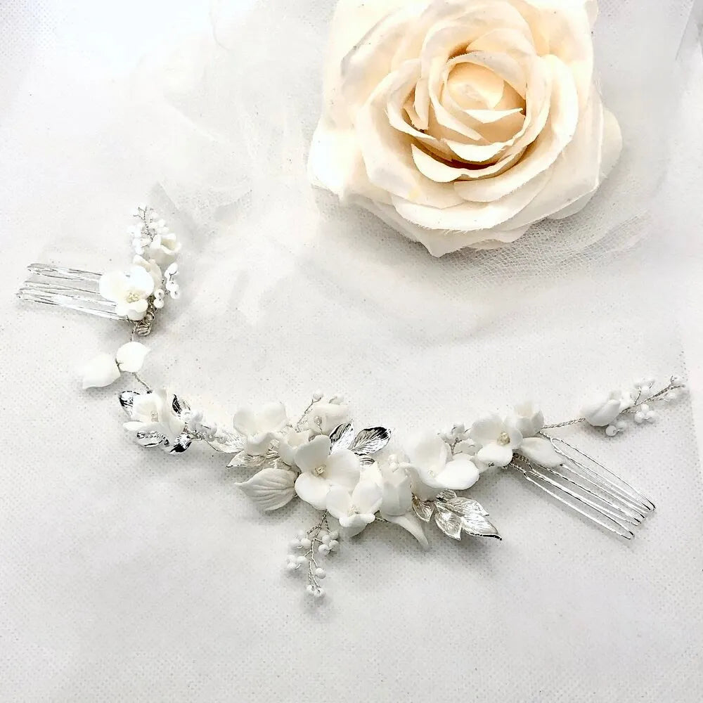 Wedding Hair Accessories - Ceramic Flowers Bridal Double Hair Comb - Available in Gold and Silver