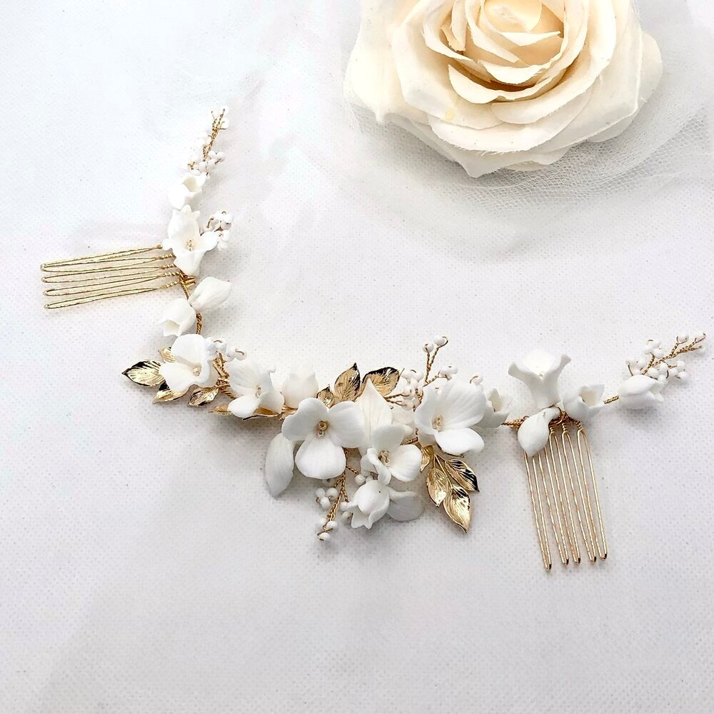 Wedding Hair Accessories - Ceramic Flowers Bridal Double Hair Comb - Available in Gold and Silver