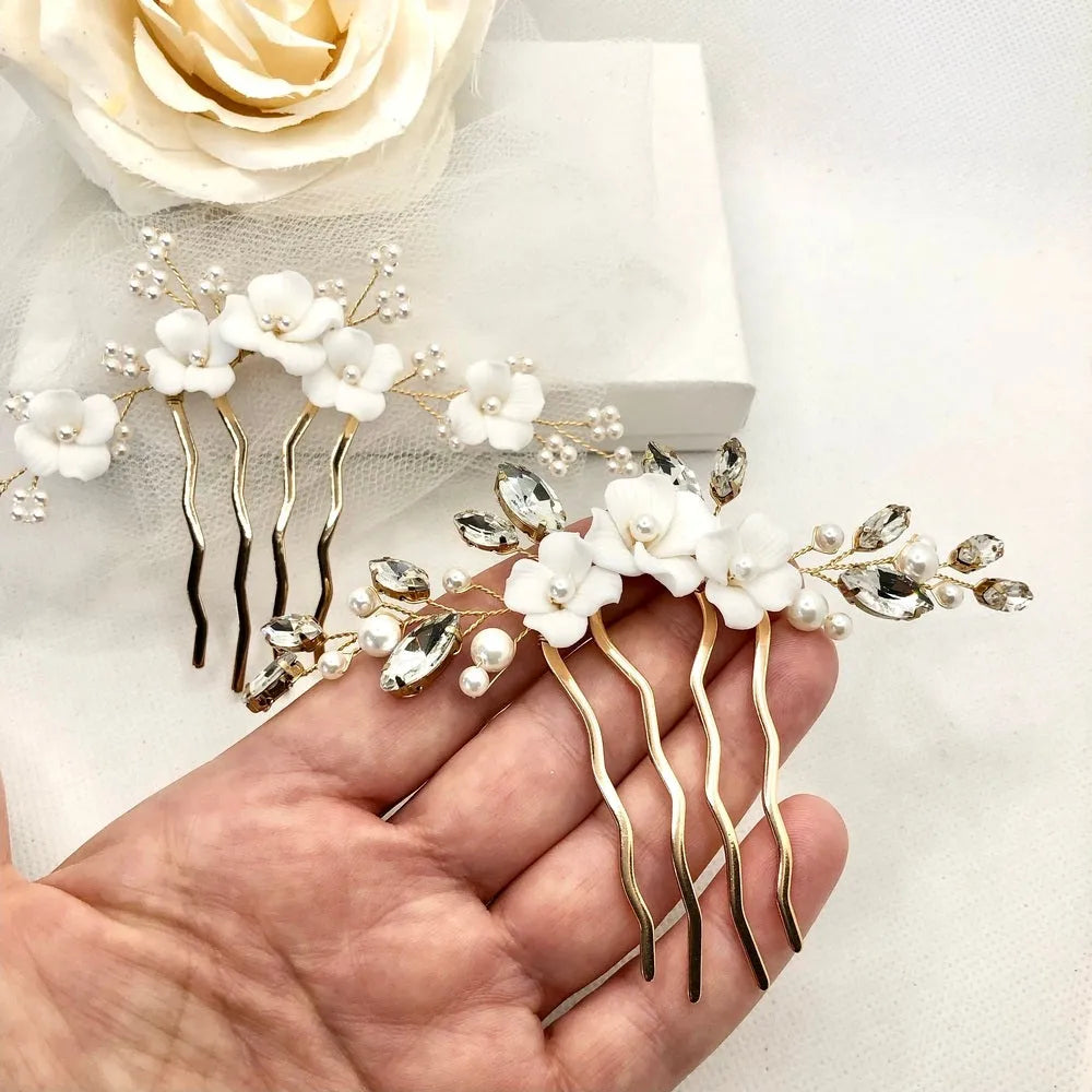 Ria - Ceramic Flowers Bridal Hair Comb