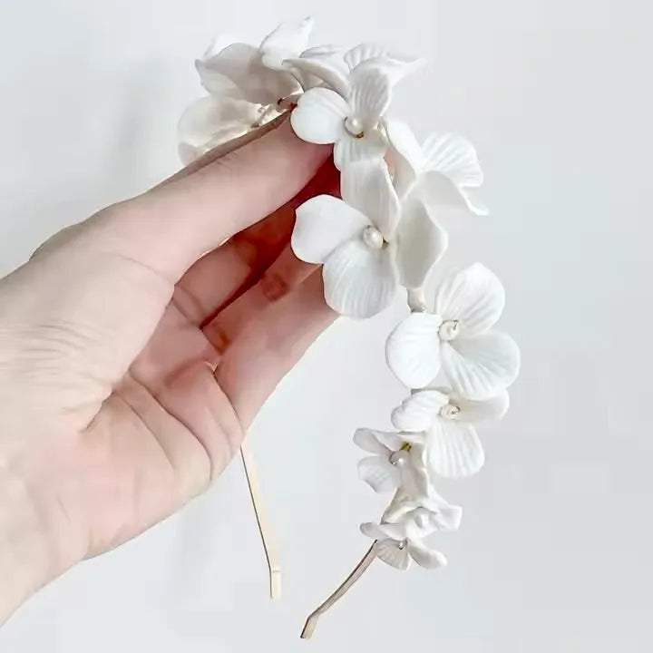 Wedding Hair Accessories - Ceramic Flowers and Pearls Bridal Headband - available in Silver and Gold